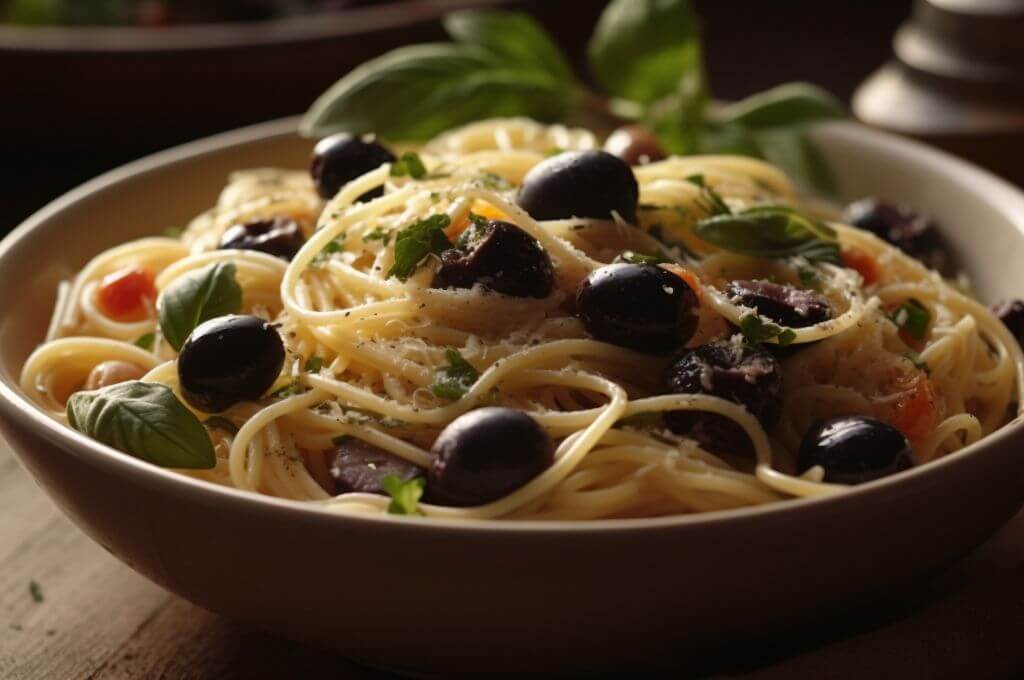 Pasta romero con aceitunas marinadas.